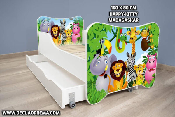 Dečiji krevet 160x80cm sa dušekom i fiokom Happy Kitty Madagaskar
