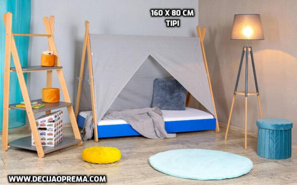 Dečiji krevet 160x80cm sa dušekom i nadstrešnicom Tipi Blue